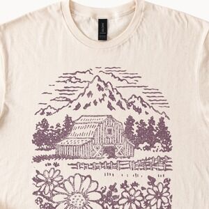 Rustic Barn Graphic Tee with Mountain Landscape Woodcut Art